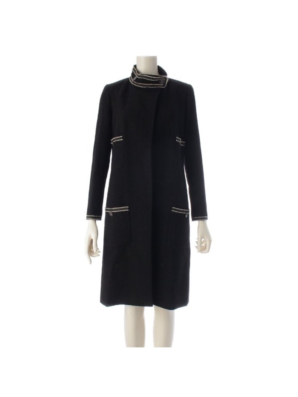 Chanel Wool Chain Trim Coco Buttons Long Coat Black 34